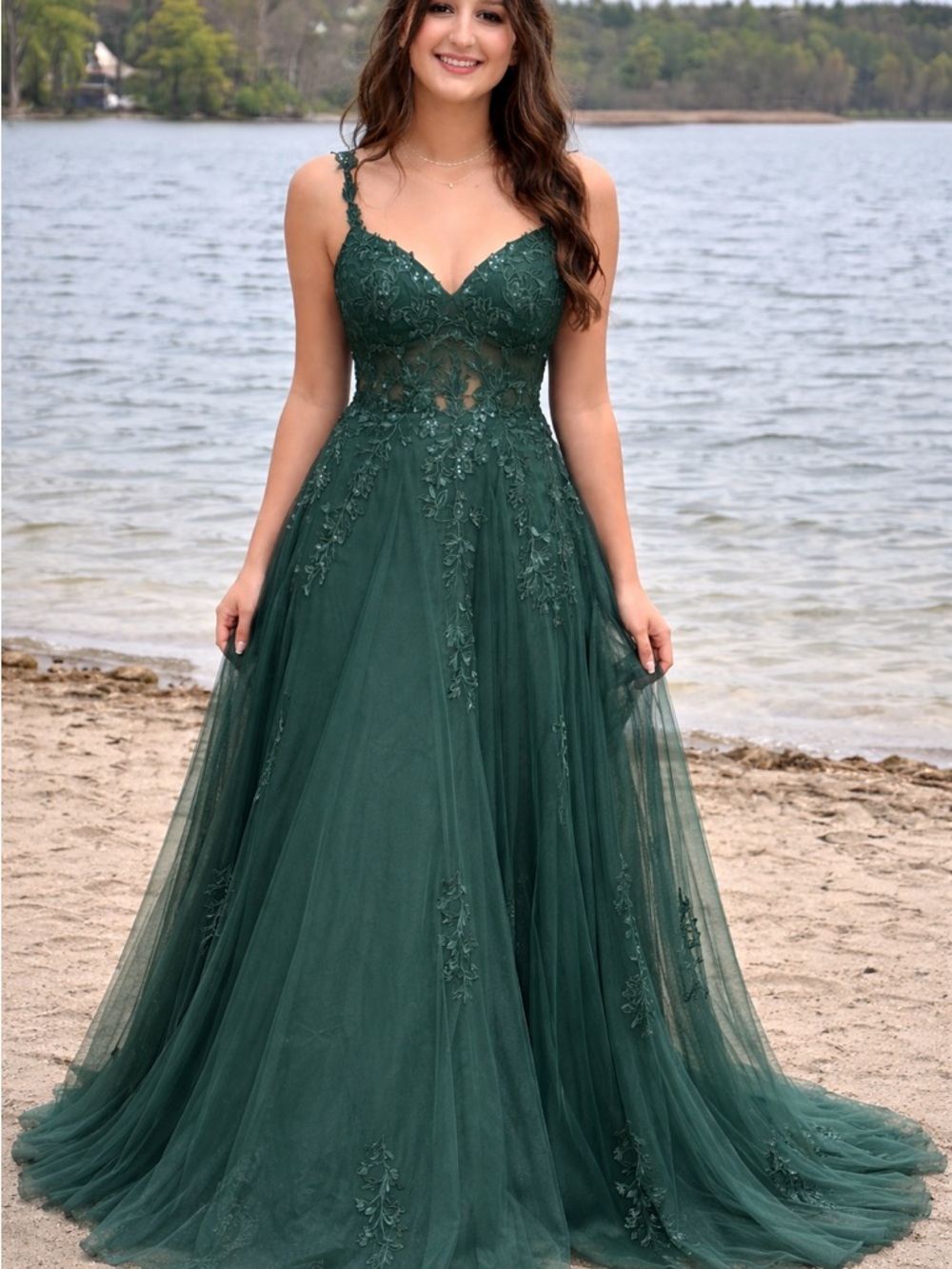 JJs House Dark Green Lace Appliqué Tulle Prom Dress, illusion bodice size 6